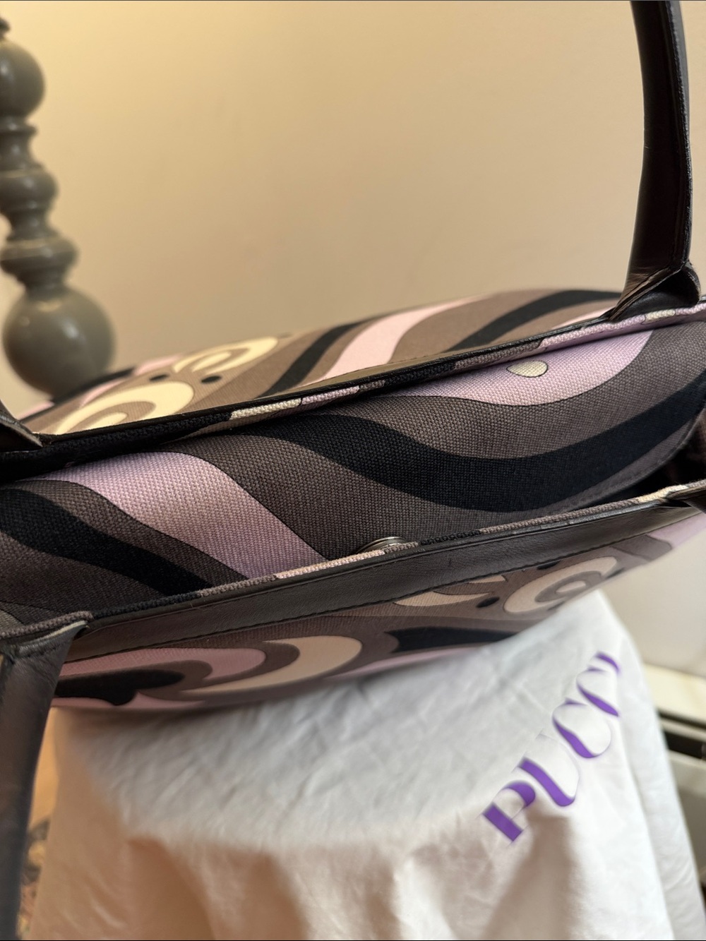Vintage Emilio Pucci purple black gray and white canvas and leather tote handbag - Picture 11 of 15